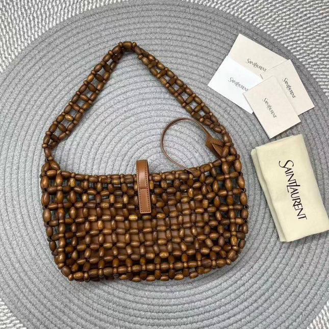YSL 26S BEADED HOBO BAG IN WALNUT BROWN WOODEN BEADS