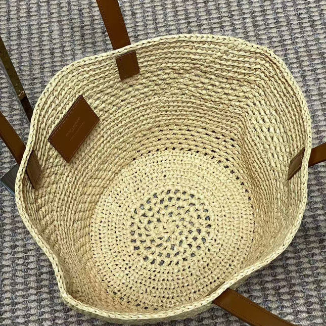 YSL 25S TOTE BAG IN BEIGE RAFFIA STRAW WITH BROWN LEATHER HANDLES