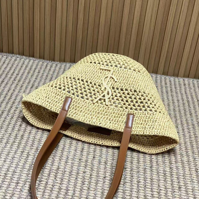 YSL 25S TOTE BAG IN BEIGE RAFFIA STRAW WITH BROWN LEATHER HANDLES