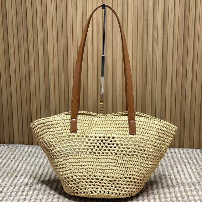 YSL 25S TOTE BAG IN BEIGE RAFFIA STRAW WITH BROWN LEATHER HANDLES
