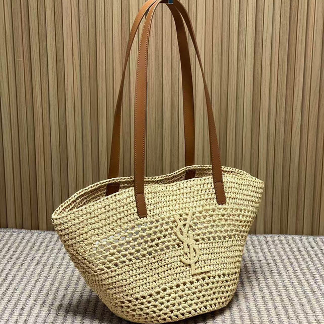 YSL 25S TOTE BAG IN BEIGE RAFFIA STRAW WITH BROWN LEATHER HANDLES