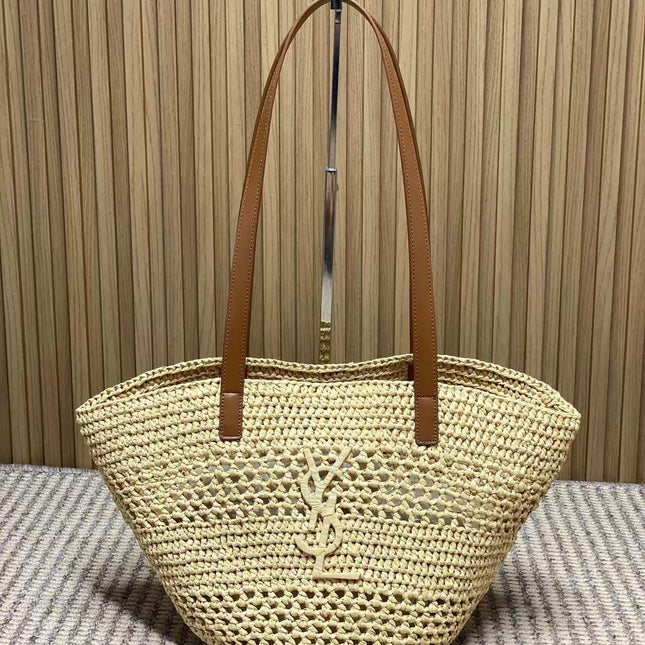 YSL 25S TOTE BAG IN BEIGE RAFFIA STRAW WITH BROWN LEATHER HANDLES