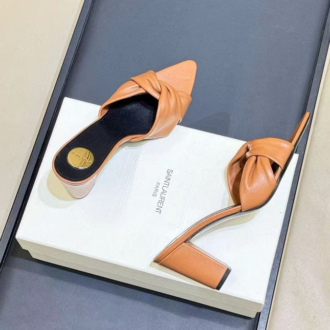 26S KNOTTED MULE HEELS IN TAN LAMBSKIN LEATHER