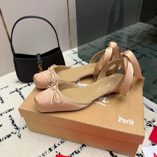 LOUBOUTIN 26S BALLET FLATS IN NUDE PINK SATIN WITH RIBBON ANKLE TIES