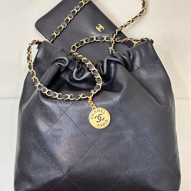CHANEL 26S DRAWSTRING SHOULDER BAG 22 IN BLACK CAVIAR CALFSKIN