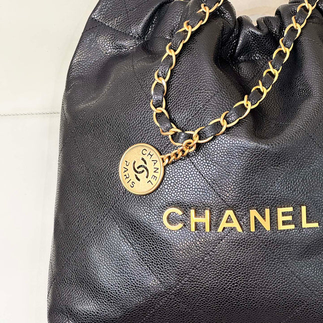 CHANEL 26S DRAWSTRING SHOULDER BAG 22 IN BLACK CAVIAR CALFSKIN