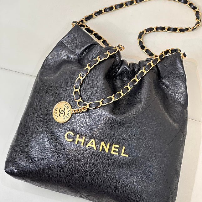 CHANEL 26S DRAWSTRING SHOULDER BAG 22 IN BLACK CAVIAR CALFSKIN