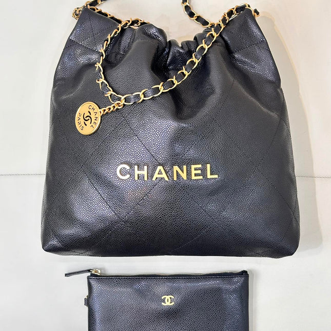 CHANEL 26S DRAWSTRING SHOULDER BAG 22 IN BLACK CAVIAR CALFSKIN