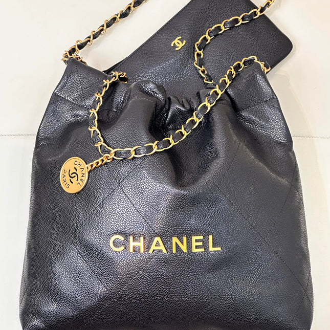 CHANEL 26S DRAWSTRING SHOULDER BAG 22 IN BLACK CAVIAR CALFSKIN