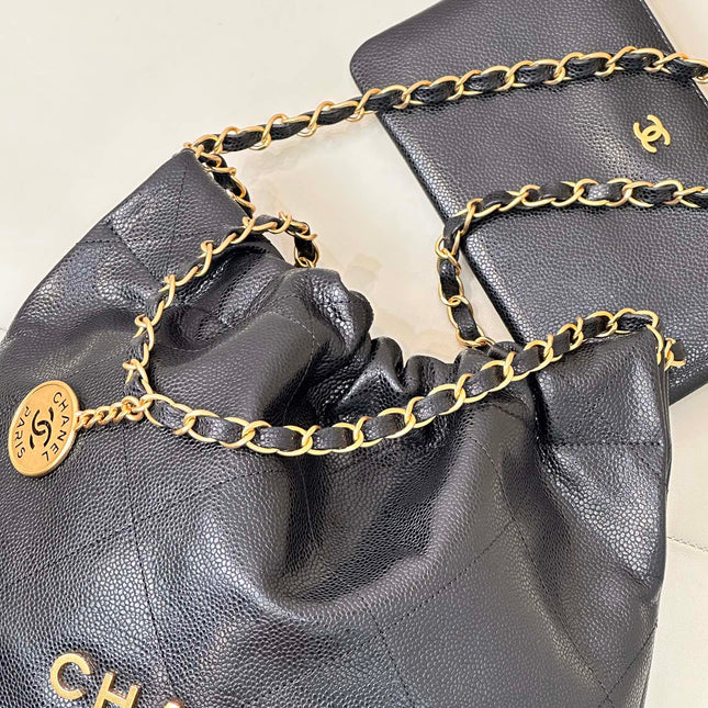 CHANEL 26S DRAWSTRING SHOULDER BAG 22 IN BLACK CAVIAR CALFSKIN