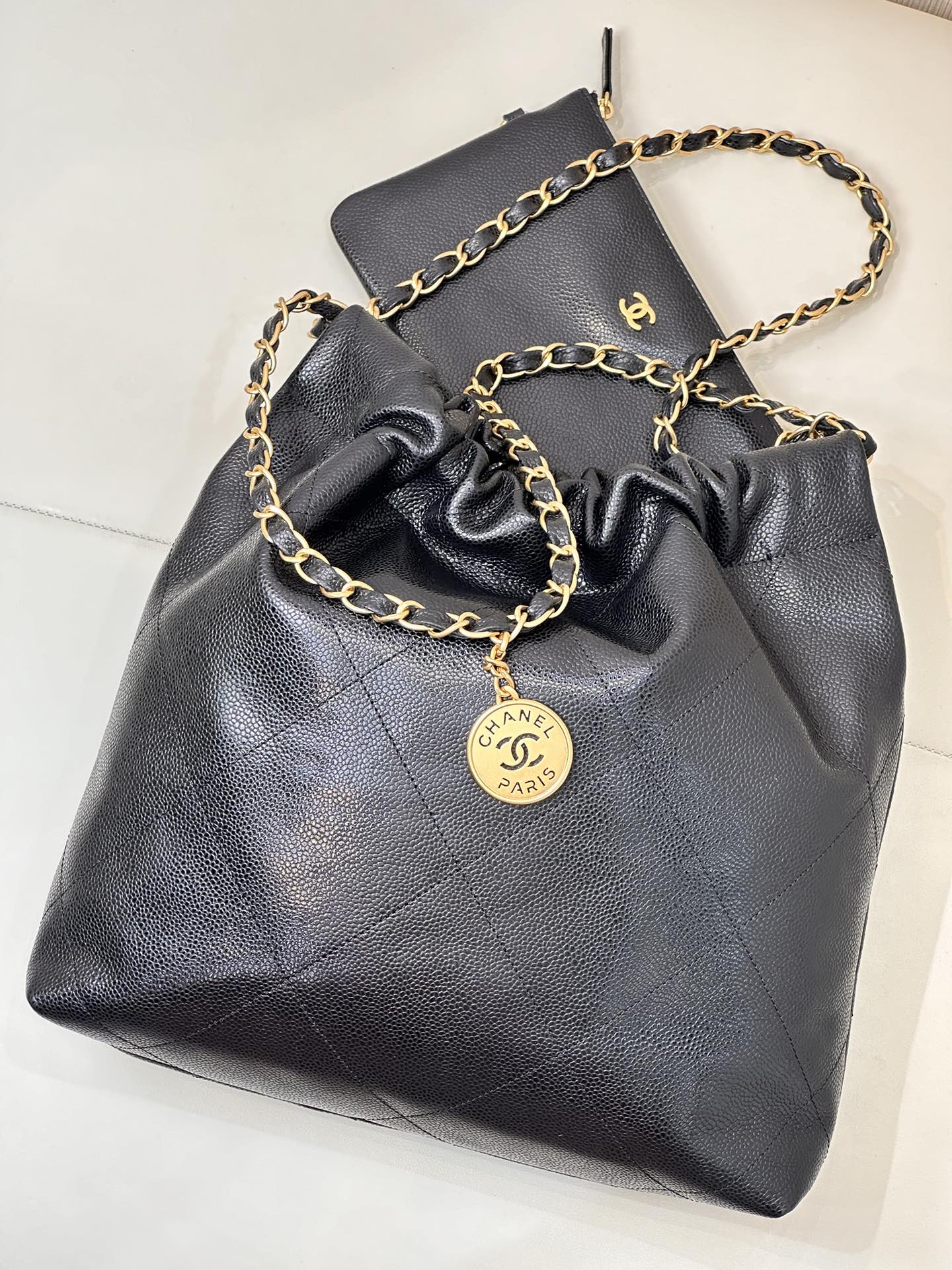 CHANEL 26S DRAWSTRING SHOULDER BAG 35 IN BLACK CAVIAR CALFSKIN