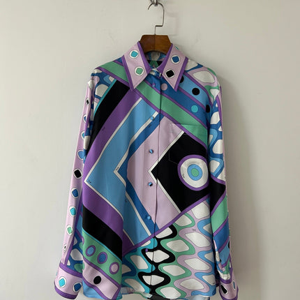 PUCCI  LONG SLEEVE SHIRT GEOMETRIC PRINT PURPLE BLUE SILK