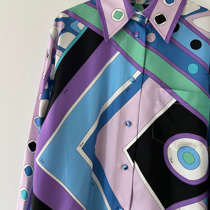 PUCCI  LONG SLEEVE SHIRT GEOMETRIC PRINT PURPLE BLUE SILK
