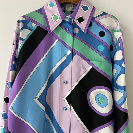 PUCCI  LONG SLEEVE SHIRT GEOMETRIC PRINT PURPLE BLUE SILK