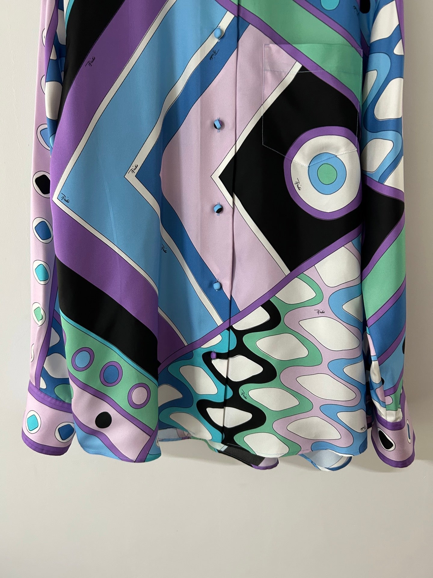 PUCCI  LONG SLEEVE SHIRT GEOMETRIC PRINT PURPLE BLUE SILK
