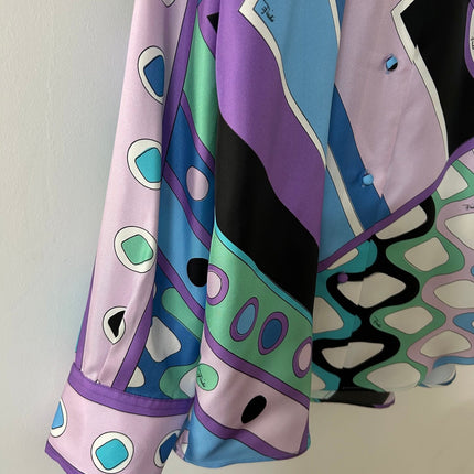 PUCCI  LONG SLEEVE SHIRT GEOMETRIC PRINT PURPLE BLUE SILK
