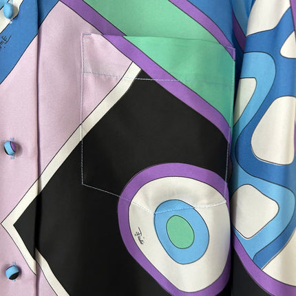 PUCCI  LONG SLEEVE SHIRT GEOMETRIC PRINT PURPLE BLUE SILK
