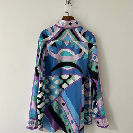 PUCCI  LONG SLEEVE SHIRT GEOMETRIC PRINT PURPLE BLUE SILK