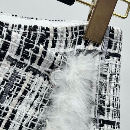 CHANEL 26S SHORTS TWEED PLAID BLACK WHITE WOOL BLEND
