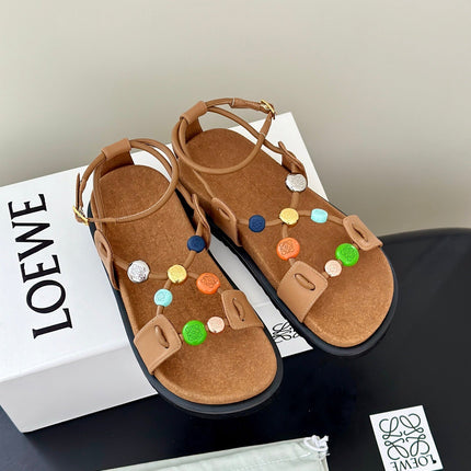 LOEWE 26S BEADED ANKLE STRAP SANDAL IN TAN CALFSKIN
