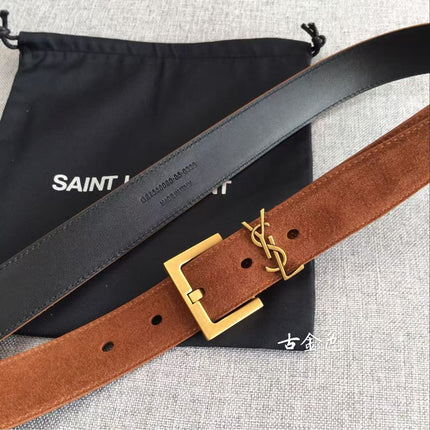 YSL CLASSIC MONOGRAM 30MM BROWN SUEDE GOLD BUCKLE