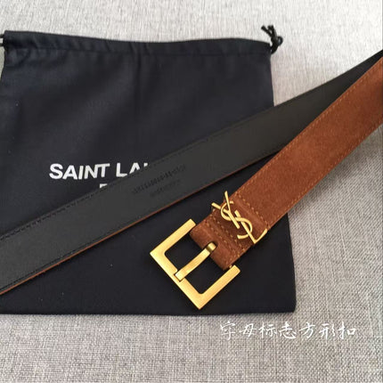 YSL CLASSIC MONOGRAM 30MM BROWN SUEDE GOLD BUCKLE