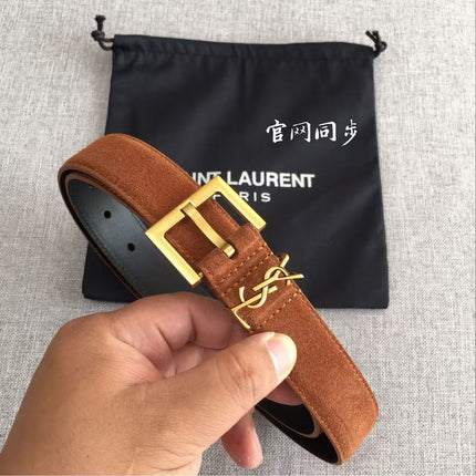 YSL CLASSIC MONOGRAM 30MM BROWN SUEDE GOLD BUCKLE