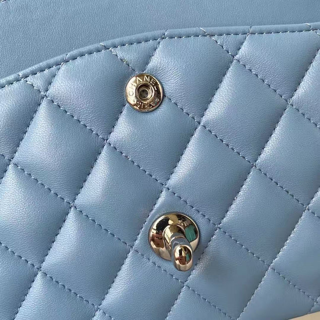 CC 25 CLASSIC SMALL DOUBLE FLAP BAG IN BLUE SKY CALFSKIN WITH STRAP SILVER HARDWARE