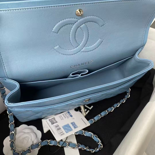 CC 25 CLASSIC SMALL DOUBLE FLAP BAG IN BLUE SKY CALFSKIN WITH STRAP SILVER HARDWARE
