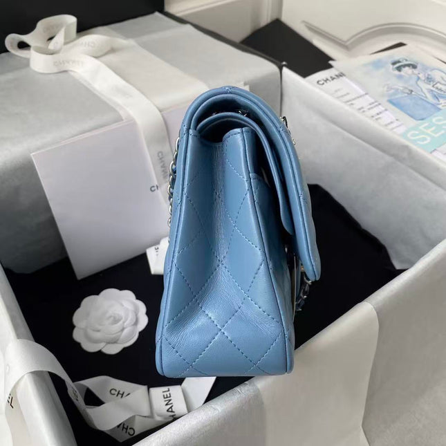 CC 25 CLASSIC SMALL DOUBLE FLAP BAG IN BLUE SKY CALFSKIN WITH STRAP SILVER HARDWARE