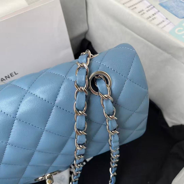 CC 25 CLASSIC SMALL DOUBLE FLAP BAG IN BLUE SKY CALFSKIN WITH STRAP SILVER HARDWARE