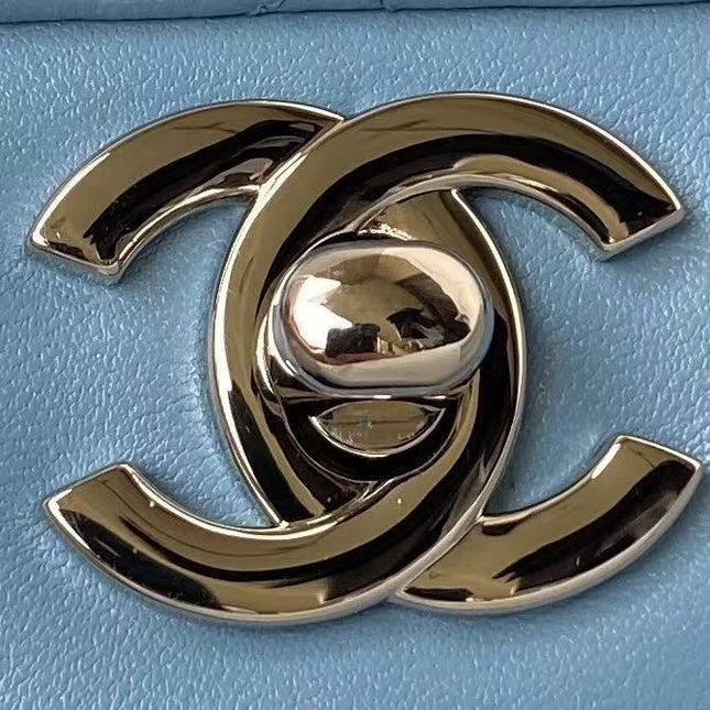 CC 25 CLASSIC SMALL DOUBLE FLAP BAG IN BLUE SKY CALFSKIN WITH STRAP SILVER HARDWARE
