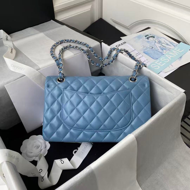 CC 25 CLASSIC SMALL DOUBLE FLAP BAG IN BLUE SKY CALFSKIN WITH STRAP SILVER HARDWARE