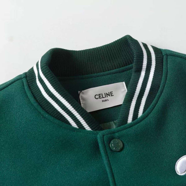 CELINE 26S TRIOMPHE TEDDY VARSITY JACKET IN DARK GREEN WOOL WITH WHITE LEATHER