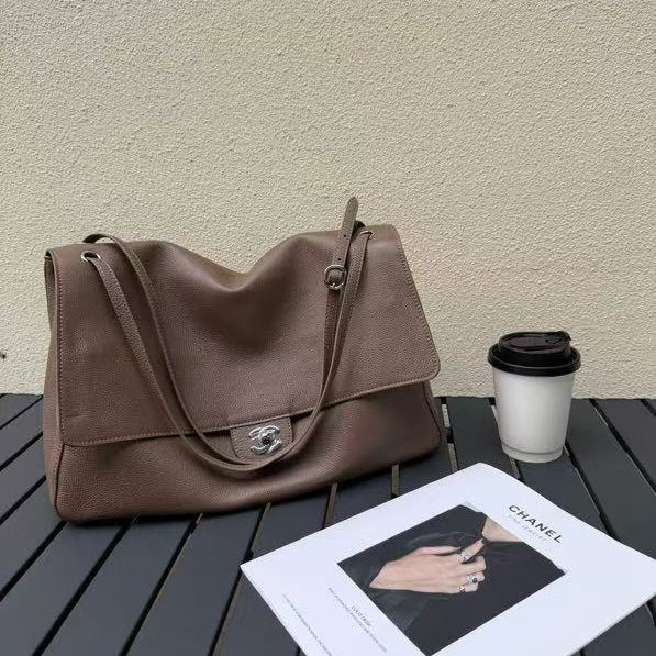 CHANEL 26S FLAP SHOULDER BAG IN TAUPE GRAINED CALFSKIN