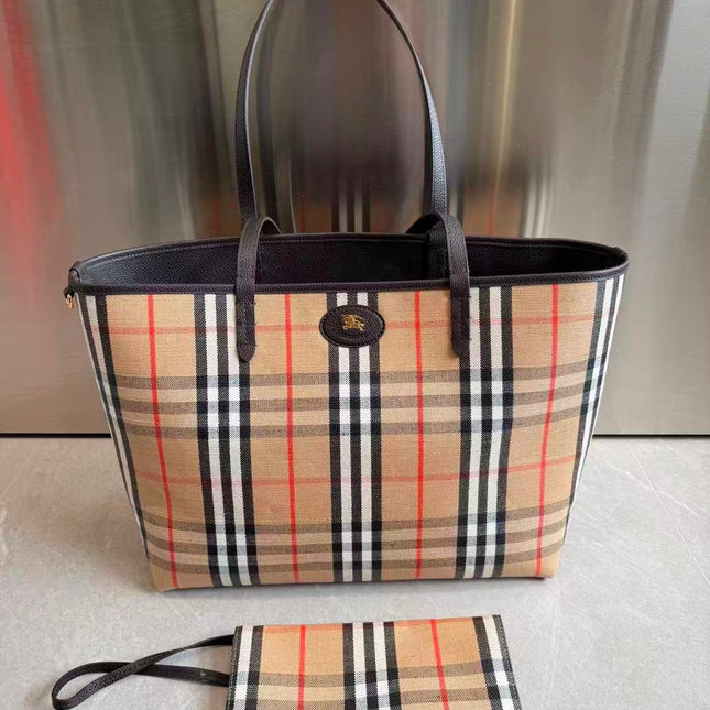 BURBERRY 26S VINTAGE CHECK TOTE BAG IN ARCHIVE BEIGE & BLACK CANVAS