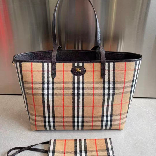 BURBERRY 26S VINTAGE CHECK TOTE BAG IN ARCHIVE BEIGE & BLACK CANVAS