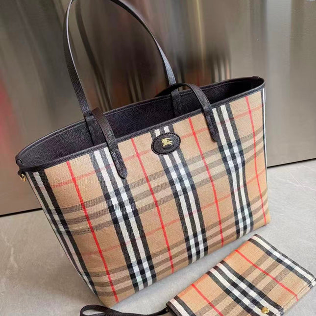 BURBERRY 26S VINTAGE CHECK TOTE BAG IN ARCHIVE BEIGE & BLACK CANVAS