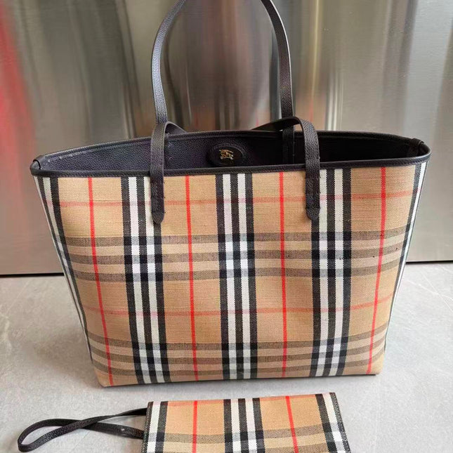BURBERRY 26S VINTAGE CHECK TOTE BAG IN ARCHIVE BEIGE & BLACK CANVAS