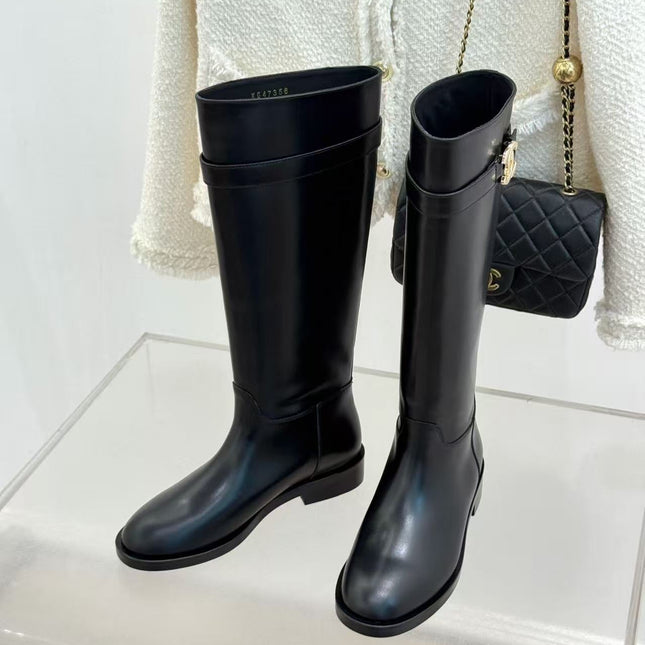 CHANEL 26S KNEE HIGH BOOTS IN BLACK CALFSKIN
