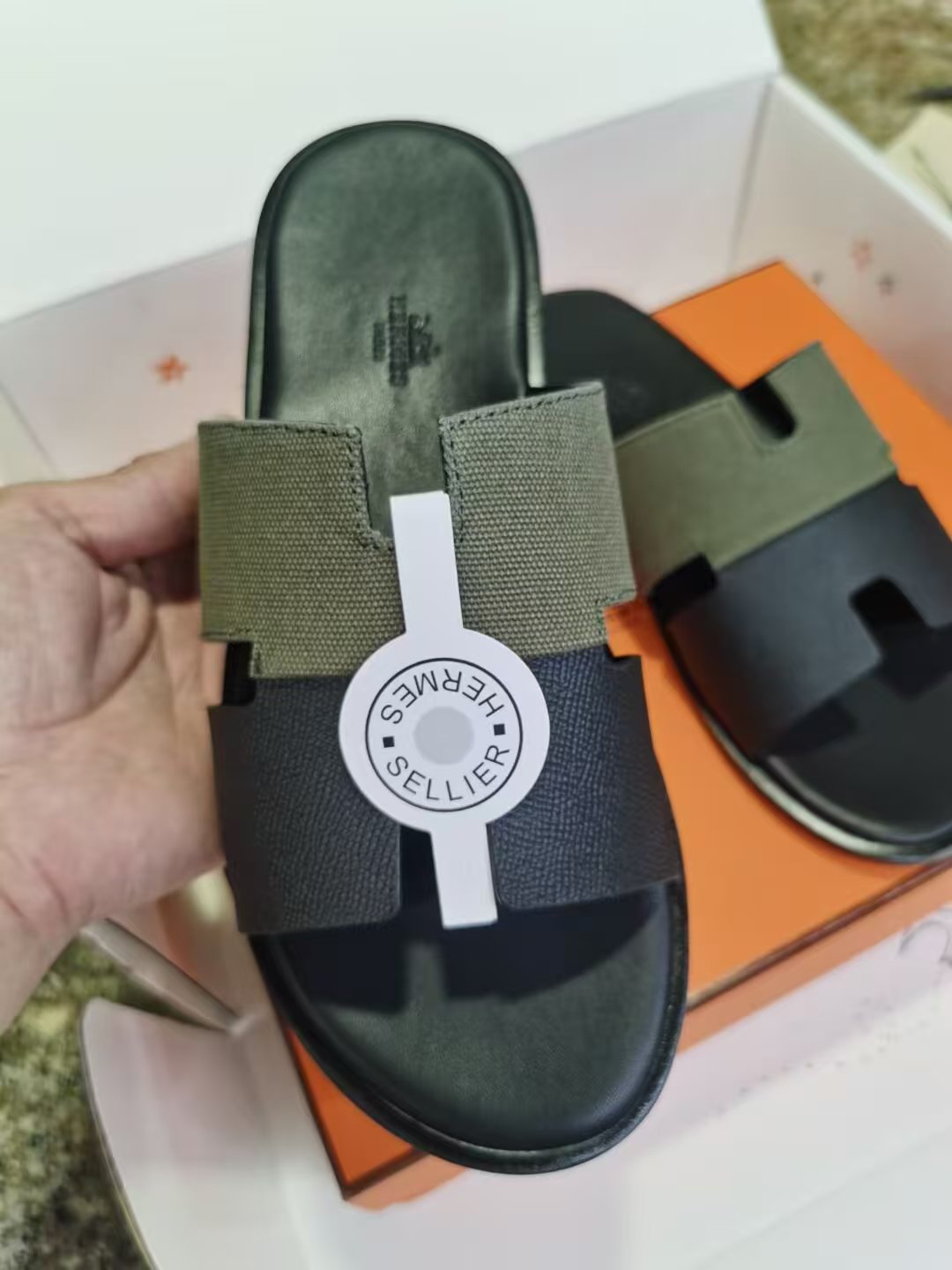 HERMES 26S ORAN SANDALS IN KHAKI & BLACK CANVAS