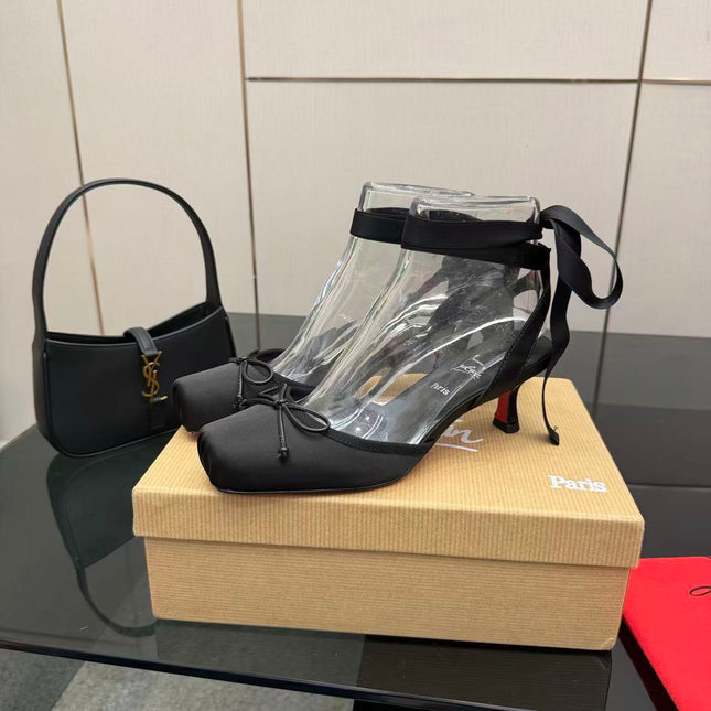 CHRISTIAN LOUBOUTIN 26S ANKLE STRAP PUMPS IN BLACK SATIN