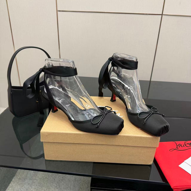 CHRISTIAN LOUBOUTIN 26S ANKLE STRAP PUMPS IN BLACK SATIN