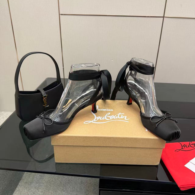 CHRISTIAN LOUBOUTIN 26S ANKLE STRAP PUMPS IN BLACK SATIN