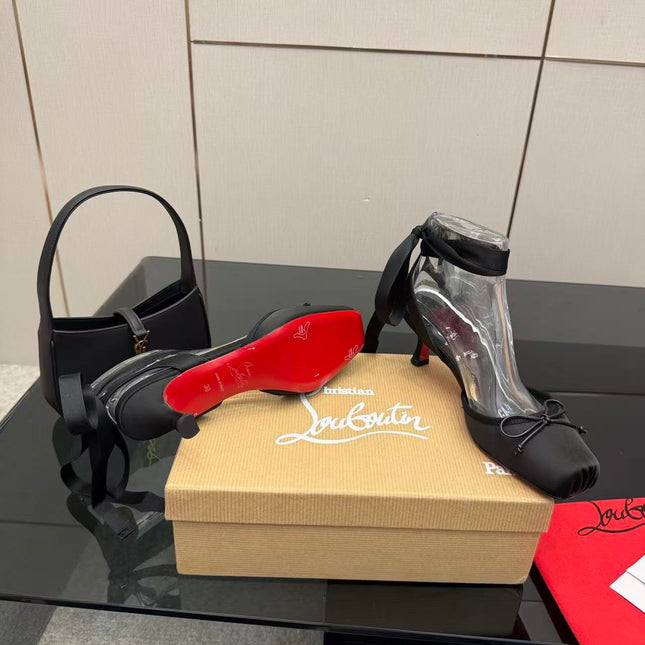 CHRISTIAN LOUBOUTIN 26S ANKLE STRAP PUMPS IN BLACK SATIN