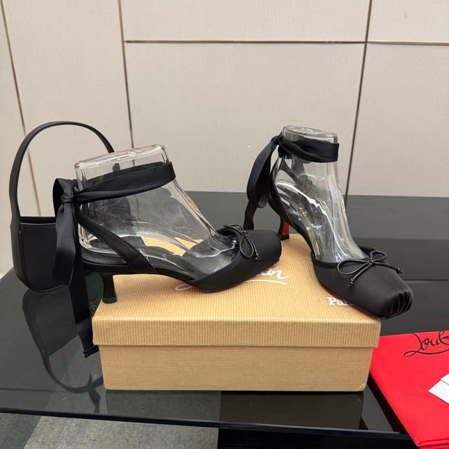 CHRISTIAN LOUBOUTIN 26S ANKLE STRAP PUMPS IN BLACK SATIN