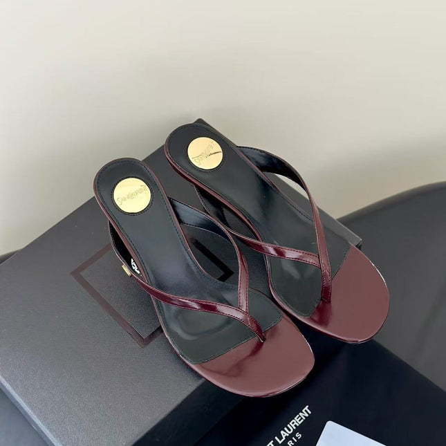 YSL 26S THONG HIGHHEEL SANDAL IN BURGUNDY PATENT LEATHER