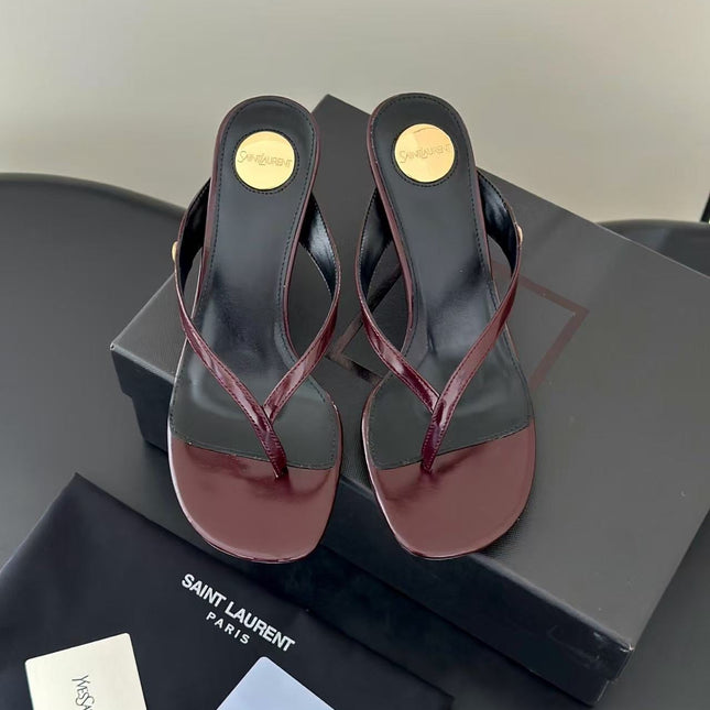 YSL 26S THONG HIGHHEEL SANDAL IN BURGUNDY PATENT LEATHER