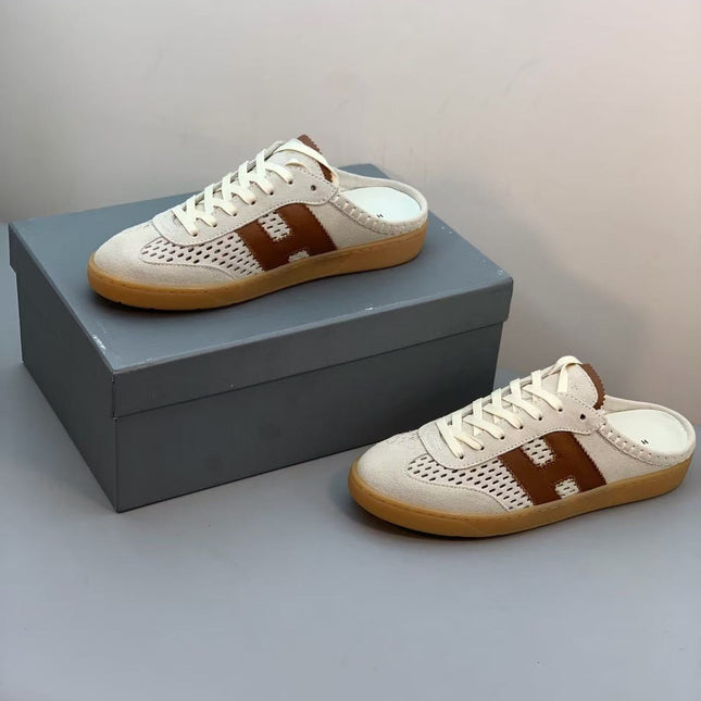 HERMES 26S H MOTIF LACE-UP MULE IN ECRU & BROWN SUEDE