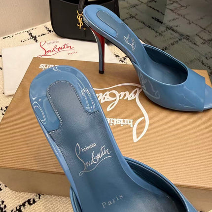 CHRISTIAN LOUBOUTIN 26S OPEN-TOE MULE IN BLUE PATENT LEATHER